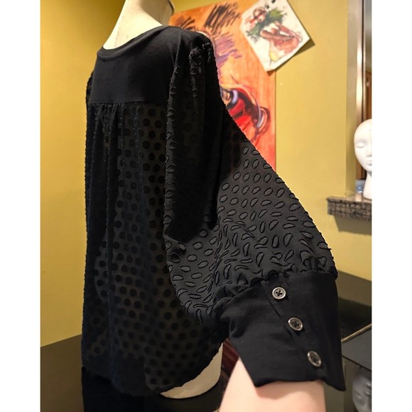 Skies Are Blue Black Knit Clip Dot Sheer Back Chiffon Sleeves Button Cuff Blouse - Picture 2 of 12